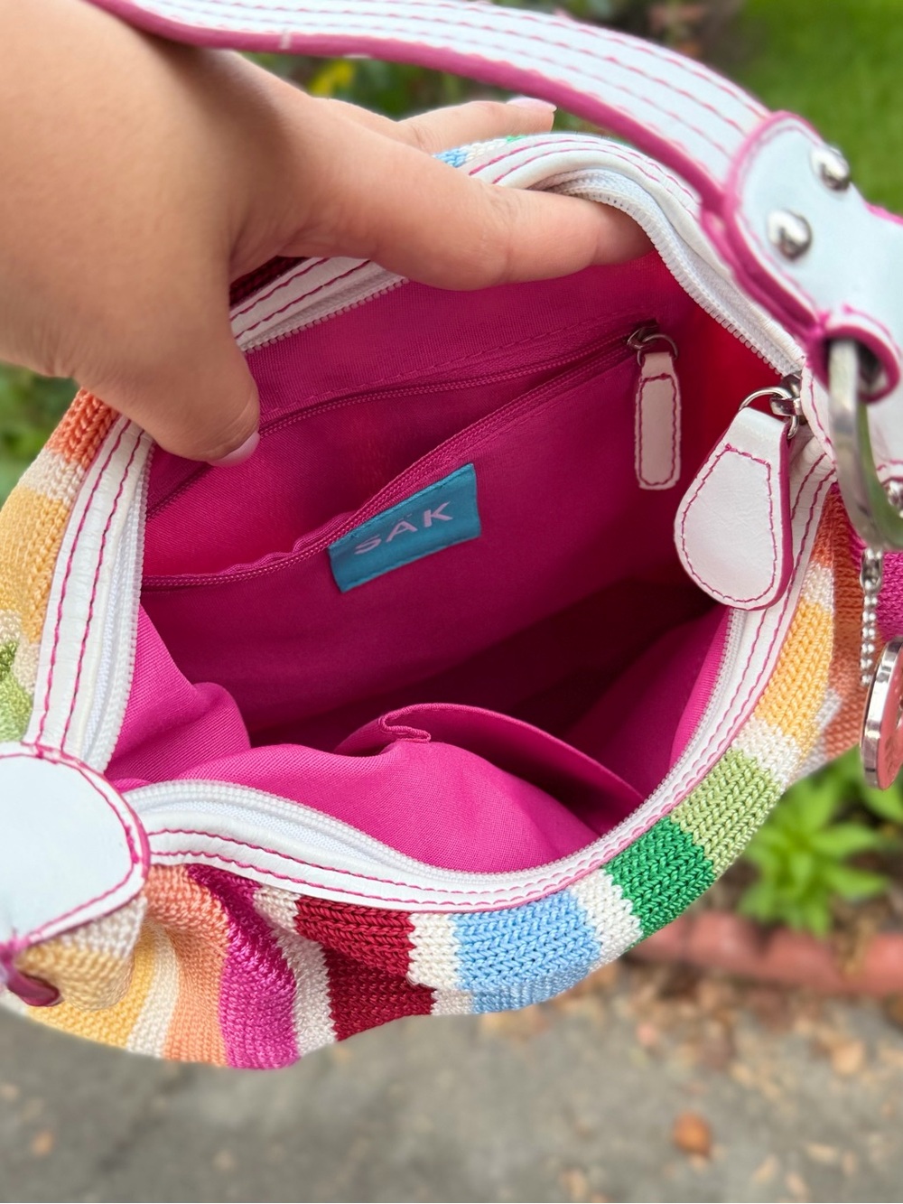 The Sak Rainbow Stripe Kids Shoulder Bag with Pink Plush Charm - Picture 10 of 13